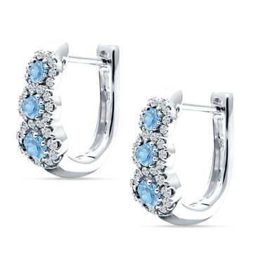 Three Round Halo Floral Hoop Earring Aquamarine CZ 925 Sterling Silver Wholesale